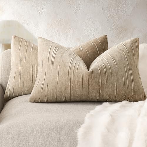 Image of Foindtower Pack of 2 Slubby Textured Chenille Throw Decorative Pillow Covers Lumbar Accent Solid Cushion Cover Neutral Faemhouse Pillow Case for Couch Sofa Bedroom Living Room 12x20 Inch,Khaki Camel