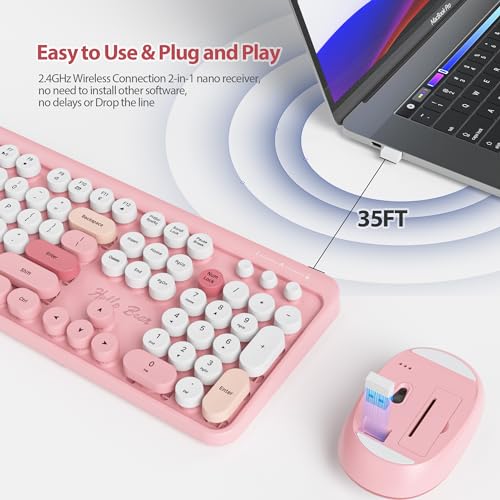 Image of Fogruaden Wireless Keyboard and Mouse Combo, Pink Retro Typewriter Keyboard, 2.4GHz Full Size Round Keycap Cute Computer Keyboard with Number Pad, Pink Colorful Keyboard for Windows PC Laptop(Pink)