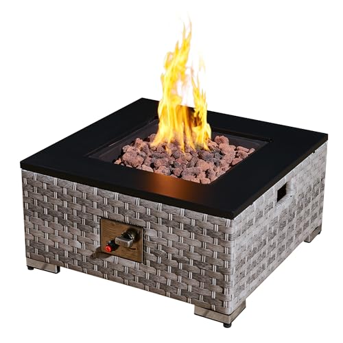 Aweather Outdoor Rattan Gas Fire Pit Table 12KW Square Propane Gas Fire Pit Table with Lid & Lava Rock CSA Certification for Garden Patio Deck Poolside