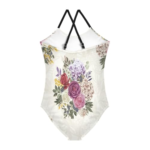 Vintage Watercolor Roses Kids Swim Suit with Adjustable Shoulder Strap, Beach Bathing Suit, 3-102