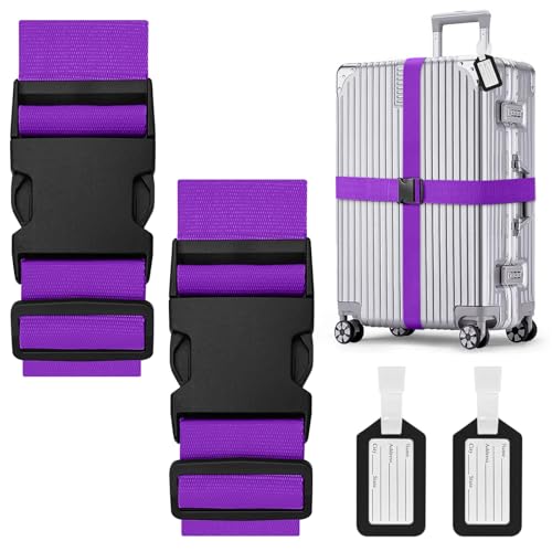 Koffergurte 2 Stück Verstellbare Kofferband mit Kofferanhänger Auffällig Kreuzgurt Kofferbänder für Koffer Markierung Reisezubehör Gepäckgurt Luggage Strap zum Sicheren Verschließen (Lila)