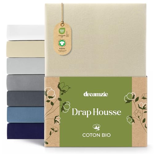 Dreamzie Drap Housse 80x200 cm, Jersey 100% Coton Bio, Hauteur De Matelas Jusqu'à 22 cm, Hypoallergénique, Oeko-Tex, Beige