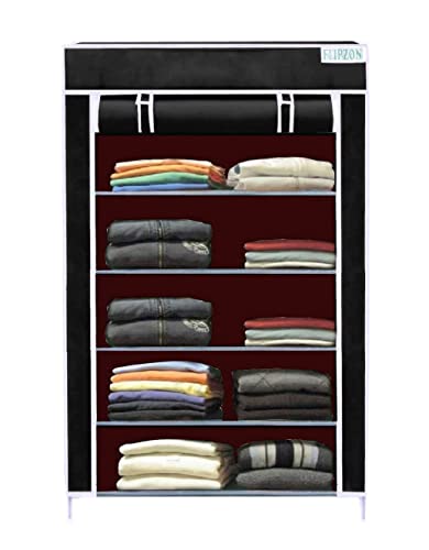 Image of FLIPZON | 5 Shelves Baby Foldable Wardrobe | Non-Woven Fabric Shelves | Black, (58 X 28 X 91Cm)