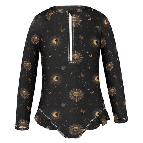ALAZA Sun Moon Space Black Girls One Piece Swimsuit Long Sleeve Rash Guard Swimsuits UV 50+ Swimwear Zipper2