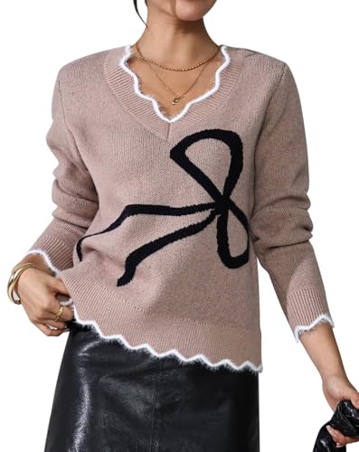 Pink Queen Women's Stylish Sweater Chic Bow Print V-Neck Knit