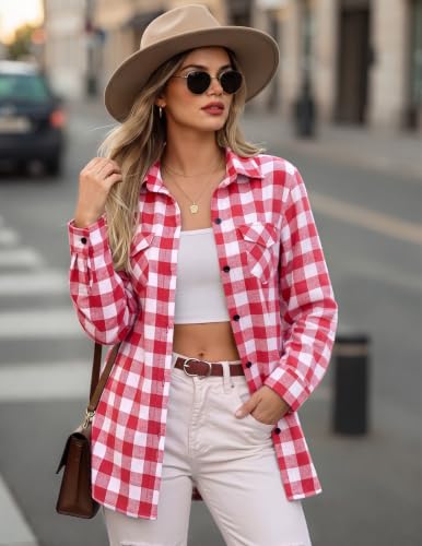 Zeagoo Womens Plaid Flannel Shirt, Roll up Long Sleeve Checkered Cotton Shirt,Watermelon Red,Medium - image 2
