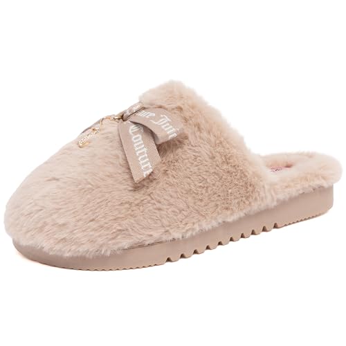 Juicy Couture Women's Fuzzy Closed-Toe, Fluffy Winter House Shoes, Comfortable Slip-On Faux Fur Slippers, Natural-kendlie, Large