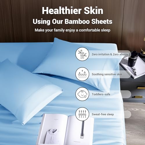 Image of Shilucheng 4 Piece Full Sheet Sets, Cooling Sheets, Blend Rayon Derived from Bamboo, Deep Pocket Up to 16 inch, Breathable & Soft Bed Sheets, Hotel Silky Bedding Set, Lake Blue