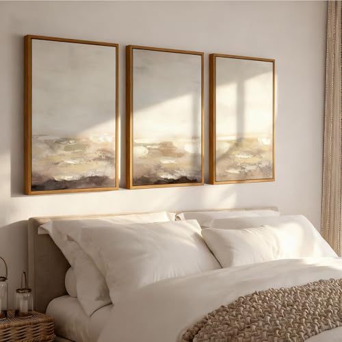 Vaskuro Extra Large Framed 3D Handmade Neutral Art Paintings for Living Dining Room, 3 Pcs Textured Abstract Minimalist Artwork for Wall, Oversized Modern Cozy Decor for Bedroom Office 24x36 In