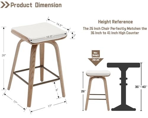Image of HNY 26 inch Swivel Bar Stools Set of 2, Backless Counter Height Bar Stools with Removable Linen Cushion, 360 Swivel Wooden Saddle Stools with Footrest for Kitchen Island, Home Bar & Small Spaces