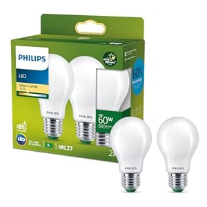 PHILIPS Ultra Efficient – Ultra Energy Saving Lights, LED Light Source, 60W, E27, A60, Frosted Glass, Warm White Light, 2700 Kelvin, Non dimmable, 2-Pack