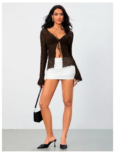 Image of Milumia Women's Y2K Textured Mesh Cardigan Shrug Tie Front Tops | Lettuce Trim , Long Sleeve, Open Front, Sheer, Flared, Club Party, Going Out, Rave, Cover Ups