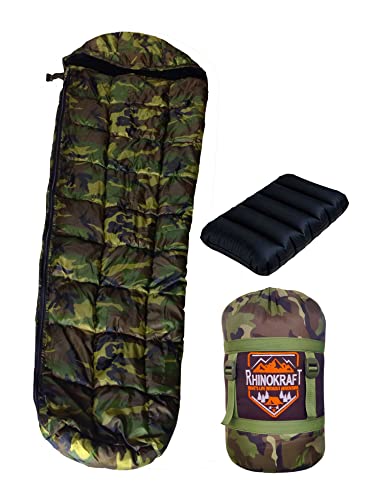 RhinoKraft Camouflage Army Sleeping Bags for Adult with Ultra Soft Fur for Camping, Trekking and Traveling | Weigh 1.9 Kg + Air Travel Pillow