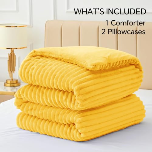 Image of BEDELITE Fleece Full Comforter Set, Fluffy Bed Set, Bright Yellow | Super Soft & Warm Bedding, Luxury Fuzzy Faux Fur Comforter for Winter, Heavy Plush Bedding, with 2 Pillowcases
