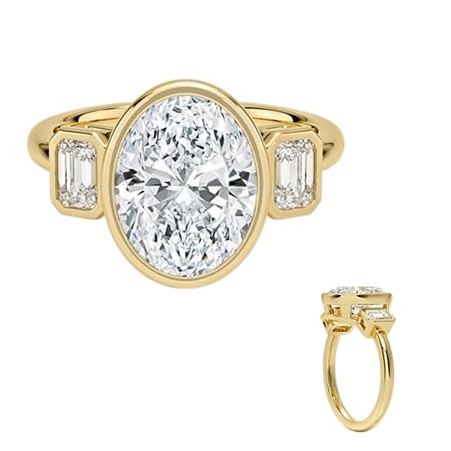 3 Carat Oval Cut IGI Certified Lab Diamond Ring 10K 14K 18K Solid Gold Three Stone Lab Grown Diamond Engagement Bezel Ring For Women (Color F, Clarity VS1) (Yellow Gold)