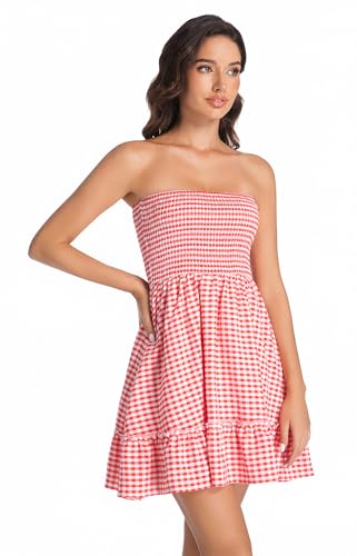 Image of Tsher Tube Top Dress for Women Summer Solid Strapless Mini Dresses Off The Shoudler Ruffle Beach Cover Sundress