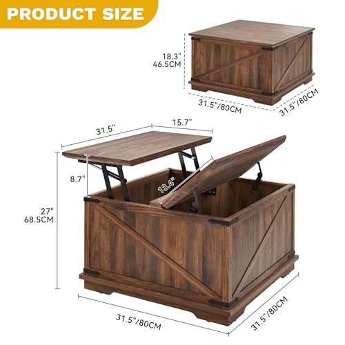 DWVO Lift Top Coffee Table with Storage, Farmhouse Coffee Tables for Living Room, Square Table with Lifting Top Wood Center Table with Large Hidden Storage, Reclaimed Barnwood