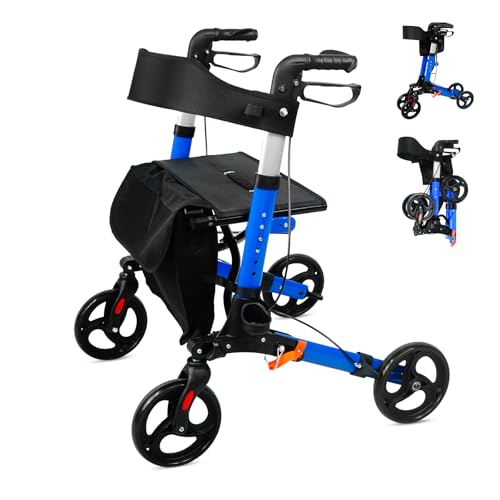 Dynamx Folding Rollator Walker with Seat 9KG Lightweight Mobility Walkers All-Terrain 4 Wheels Height Adjustable Handles Thick Backbreast Aluminum Alloy Rolling Walker for Adult Senior