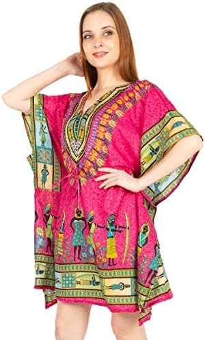 African Print Dashiki Short Caftan Dress Nightwear Beach Cover Up Kimono Style for Any Occasion I Free Size I Short Top for Women (Pink)
