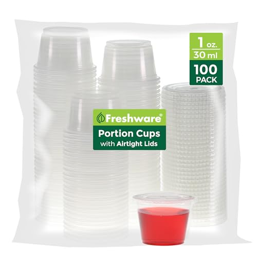 Image of Freshware Plastic Portion Cups with Lids [1 Ounce, 100 Sets] Disposable Plastic Cups for Meal Prep, Salad Dressing, Jellos Shot Cups, Souffle Cups, Condiment and Dipping Sauce Cups