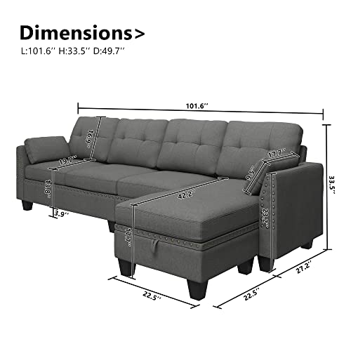 Honbay Reversible Sectional Sofa L-Shape Sofa Convertible Couch 4-Seater Sofas Sectional For Apartment Dark Grey #TOP1