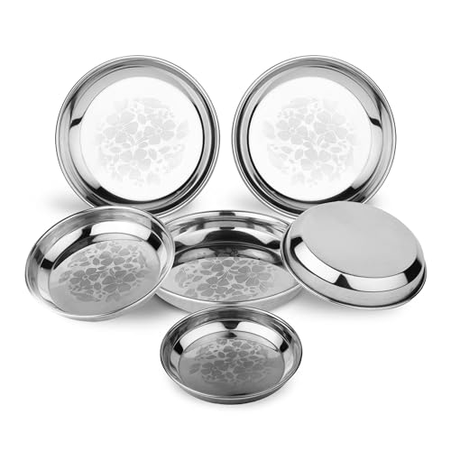 Image of LiMETRO STEEL 6 Pieces Stainless Steel Halva Plates, Breakfast Plates, Serving Plates (Diameter : 16 cm , Laser Print)