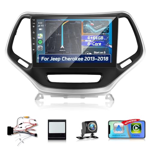 NHOPEEW [8 Core 4+64G] Upgrade Android Radio for Jeep Cherokee 2013-2018: 10.1 inch IPS Touchscreen Carplay Stereo - 3D Car Model, Cooling Fan, 5G/WiFi, DSP, Custom UI Design + AHD Backup Camera