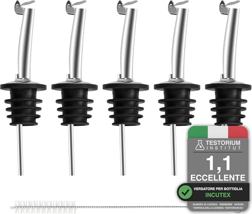 Incutex 5 Beccucci con Coperchio e 1 Spazzola per la Pulizia, Versatore, Dosatore, Tappo Bottiglia per Liquori, Vino, Olio, Aceto