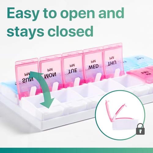 Image of Sukuos Weekly Pill Organizer 7 Day 2 Times A Day, AM PM Medicine Pill Box with Easy Push Button, BPA Free Vitamin Cases for Fish Oil /Supplements, Easy to Clean (Red&Blue)