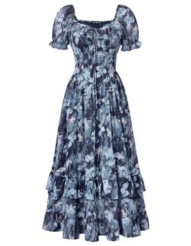 Image of Scarlet Darkness Women Floral Maxi Dress Puff Sleeve Tea Party Corset Dress | Pockets, Ruched Bust, Ruffled Hem, for Cottagecore Fairy Milkmaid Vacation