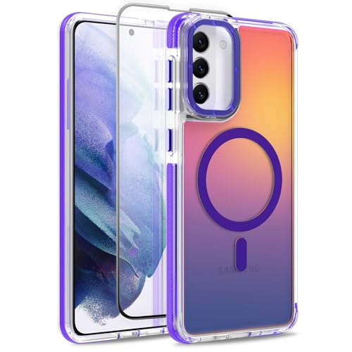 Image of Magnetic Case for Samsung Galaxy S21 [Compatible with Magsafe] [Cute Fashion Fluorescent Design] [1 Screen Protector] Slim Translucent Matte Case for Galaxy S21 6.2 inch, Purple