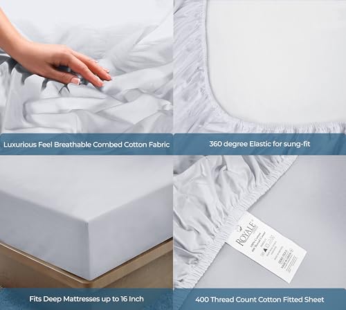 Image of Royale Linens 400 Thread Count 100% American Grown Cotton Fitted Sheet Full Size - All Around Elastic Fitted Sheet - Luxury Sateen Weave - Snug Fit Bottom Sheets Fit Up to 16 inch (Full,Spanish Silver)