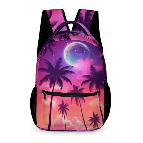 GNEW Hawaiian Tropical Beachy Backpack, Palm Tree Theme, Moon Galaxy Starry Stars, Purple Pink Hawaiian Print, Kids Elementary Middle High School Backpack, 16.5 Inch