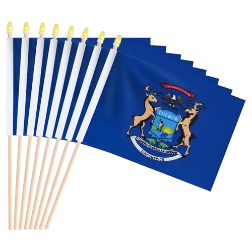 Confezione da 20 bandiere del Michigan palmari, 12,7 x 20,3 cm, piccole bandiere dello stato del Michigan MI su bastoncini di legno con punta a lancia, mini bandiera del Michigander per elezioni,