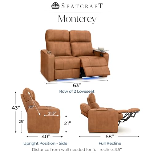 Image of Seatcraft Monterey Home Theater Seating Tawny Row of 2 Loveseat | Italian Leather, Wall Hugger, Zero Gravity, Powered Headrest, Power Recline, Zero Gap, USB charging