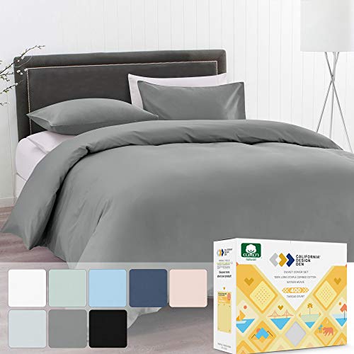 Duvet Cover Set Full / Queen - Slate Grey 3 Piece Bedding Set, 400 Thread Count Sateen Weave, 100% Pure Cotton Comforter Cover and Two Pillow Shams, with Button Closure and Corner Ties