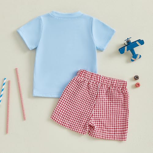 Image of 4th Of July Toddler Boy Outfit Popsicle American Flag T-Shirt and Gingham Plaid Shorts Set Independence Day Clothes