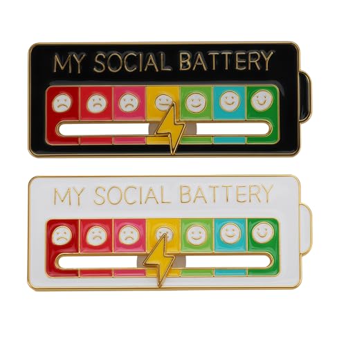 Tastetreasure 2 Pcs My Social Battery Pin Badge Funny Sliding Mood Tracker Enamel Pins Creative Introvert Gifts for Women Men Interactive Lapel Pin for Backpacks Clothing Hats Black & White