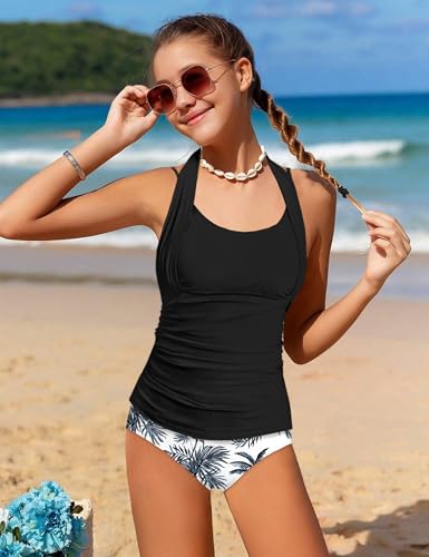 Image of Girls Swimsuit 2 Piece Halterneck Cross Straps Girls Tankini Top Drawstring Prints Shorts Bathing Suit for Teens 9-16Y