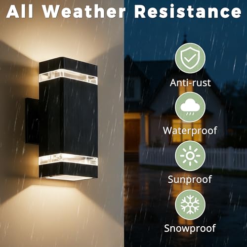 Image of JYV Square Outdoor Wall Lights, Up and Down Porch Lights, Black 4 Pack | Aluminum Exterior Lighting Fixtures with 2 * 7W Bulbs 3000K, Waterproof Outdoor Sconces Wall Lighting, for House Porch Garage