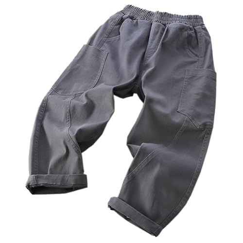 Cargo Pants Boys Middle Large Children's Casual Fashion Elastic Waist Outdoors Windproof Pants Pockets for Kids Z-616 Gray