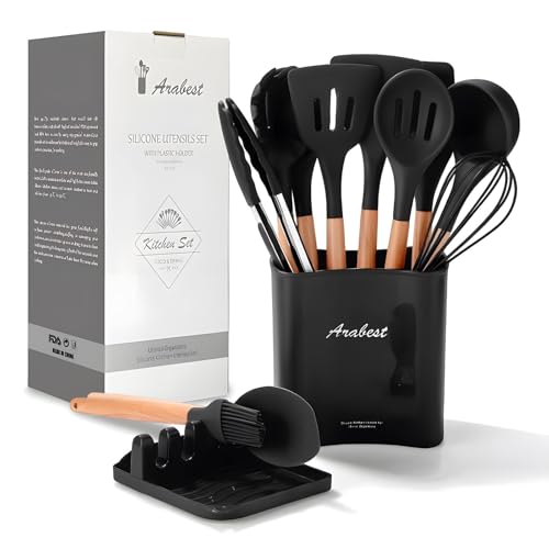 Arabest Silicone Cooking Utensil Set Silicone Kitchen Utensil Set-13pcs Wooden Handles Utensils Tool for Nonstick Cookware Non Toxic Heat Resistant Kitchen Tools Set With Storage Bucket And Lid Rest