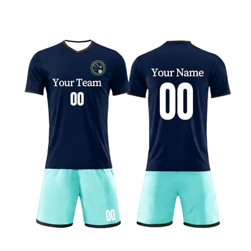 Image of Personalised Football Kits Mens Football Shirt with Number Name Printing Logo Custom Team Jersey & Shorts Set for Men Training Shirts Customisable Sports Kits Customised Football Kit Navy L