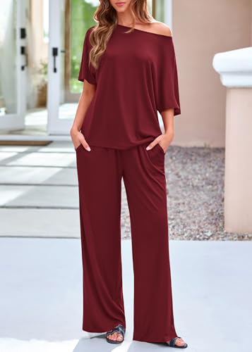KIRUNDO Lounge Sets for Women Airport Travel Outfit 2026 Summer Off the Shoulder Tops Wide Leg Pants 2 Piece Matching Set(Burgundy, X-Large) — view 3