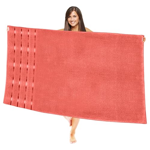 Image of Elegant Comfort 100% Turkish Cotton 4 Lines Viscose Stripe Jumbo Bath Towel - Hotel Spa Quality Extra Large 35 x 70 Inch Bath Towel Ultra Soft, Super Absorbent Quick Dry Large Bath Towel, Coral