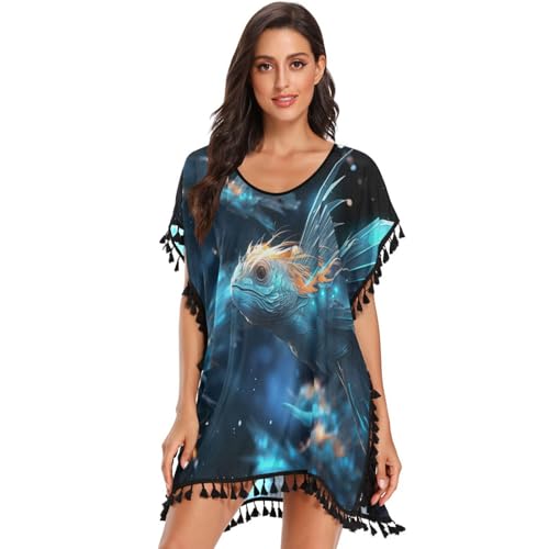 KAAVIYO Space Flying Blue Iguanas Fishes Women's Beach Cover Up Chiffon Tassel Swimwear Swimsuit Coverups for Girl