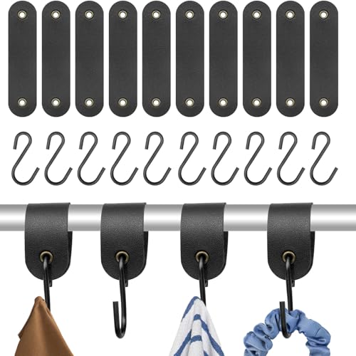 Veftsvy 10 ganchos con correa de piel, 12,5 x 3 cm, ganchos para colgar, acero inoxidable en S, ganchos negros, para armario, barra de ropa, cocina, baño
