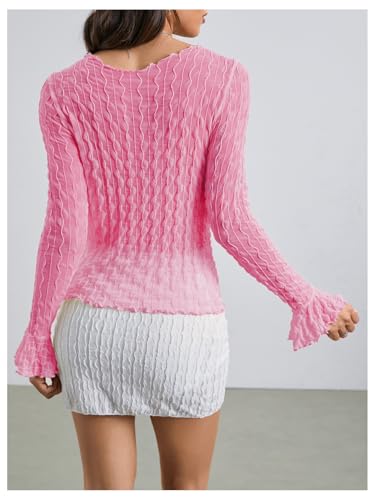 Image of Milumia Women's Y2K Textured Mesh Cardigan Shrug Tie Front Tops | Lettuce Trim , Long Sleeve, Open Front, Sheer, Flared, Club Party, Going Out, Rave, Cover Ups
