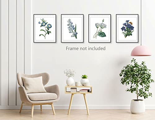 Blue Flower Canvas Wall Art Print, Vintage Floral Botanical Decor Antique Botany Poster, Blue Tone Morning Glory Water Lily Hyacinth Gentian Decorate For Office, Set Of 4 ,8 X 10 In Unframed #TOP5
