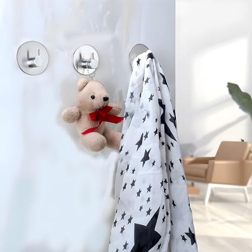 Image of JIALTO 5 pcs Self-Adhesive Stainless Steel Hooks: Heavy-Duty Wall Hanging Solution Without Drilling - Waterproof Hooks for Bathroom and Kitchen Towels (Round Silver)
